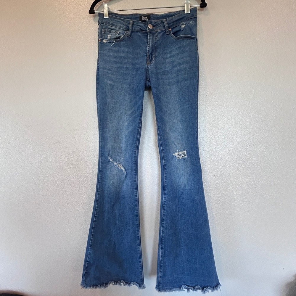 Simple Society Blue Distressed Flare Jeans Bell Bottoms Frayed Hem Size 5/27